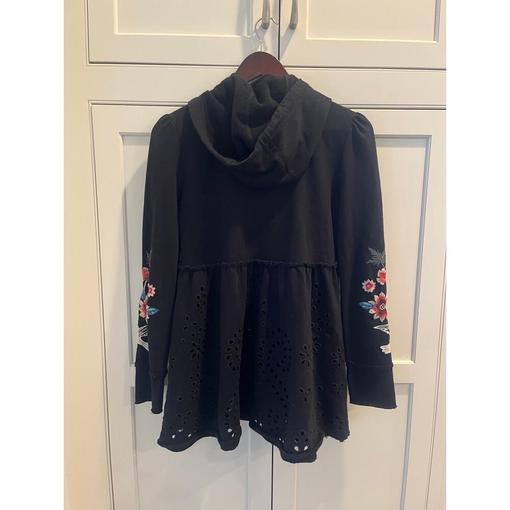 Johnny Was Junia Embroidered Hoodie Coat Black French Terry Eyelet Lace XXS NWOT - Picture 5 of 9